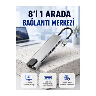 Seyahat Dostu 8‑in‑1 Hub – Şarj & Veri & Video & Ağ için Eksiksiz Çözüm (Kopya)