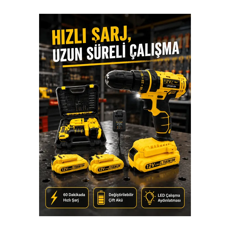 Ev ve Atölye İçin 12V Akülü Matkap | Plastik Mandren ve Metal Şanzıman