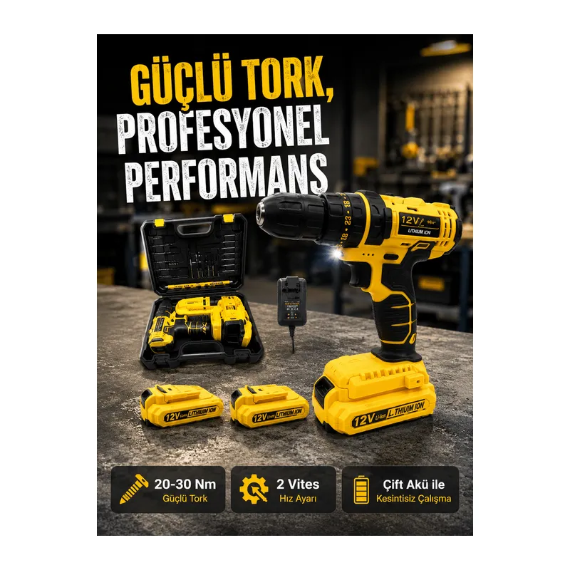 Ergonomik Tasarımlı 12V Matkap | 2 Vitesli, LED Aydınlatmalı ve Dayanıklı