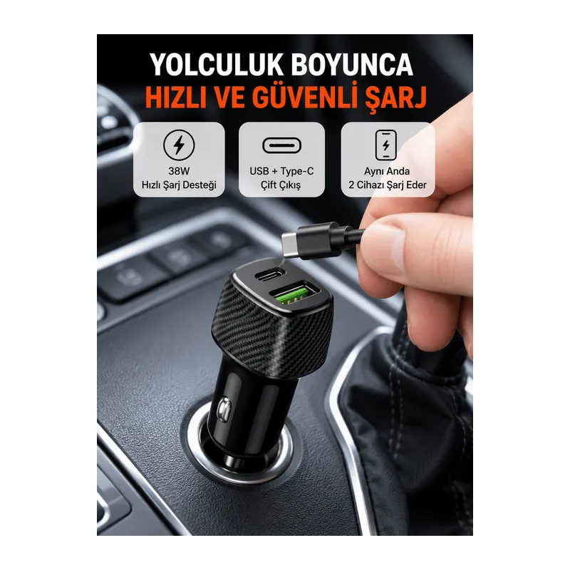 Kompakt Tasarımlı Type-C + USB Girişli Araç Şarj Başlığı