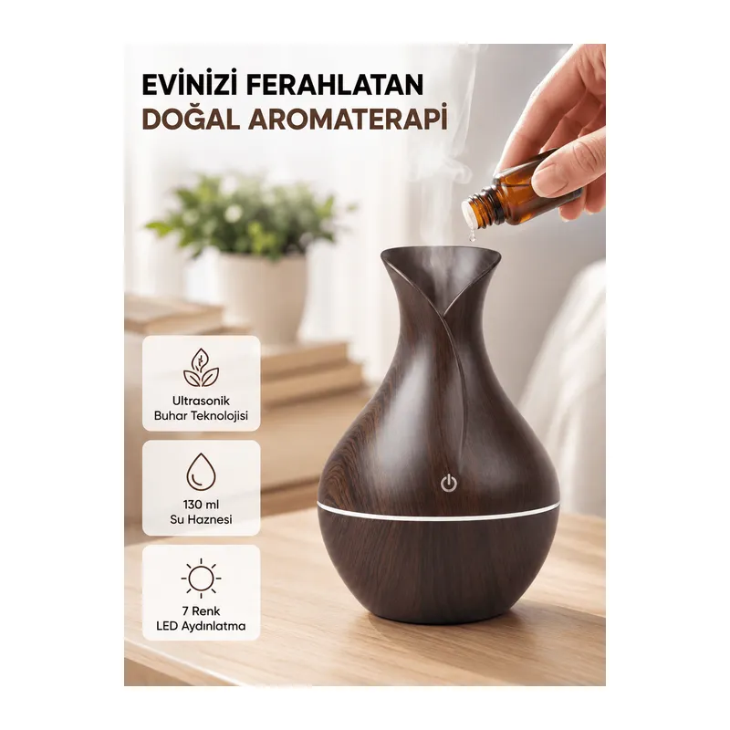 Aromaterapi Difüzör Ahşap Desenli ve Ultrasonik Nemlendirici LED Işıklı