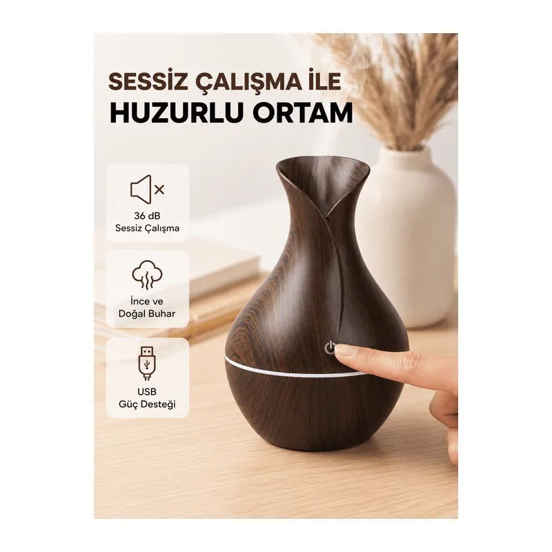 Ahşap Desenli Aromaterapi Difüzör 130 ml Ultrasonik ve 7 Renk LED Işıklı