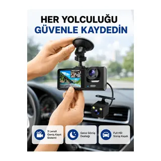 Üç Kameralı Araç İçi Kayıt Sistemi Full HD Gece Görüşlü ve G-Sensör Destekli