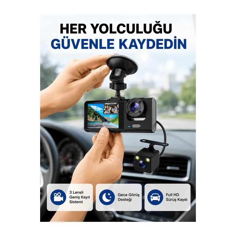 Üç Kameralı Araç İçi Kayıt Sistemi Full HD Gece Görüşlü ve G-Sensör Destekli