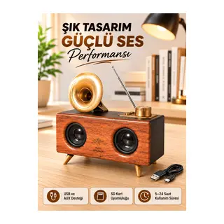 Retro Gramofon Tasarımlı Bluetooth Hoparlör – 3D Stereo Ses, 1800 mAh Batarya