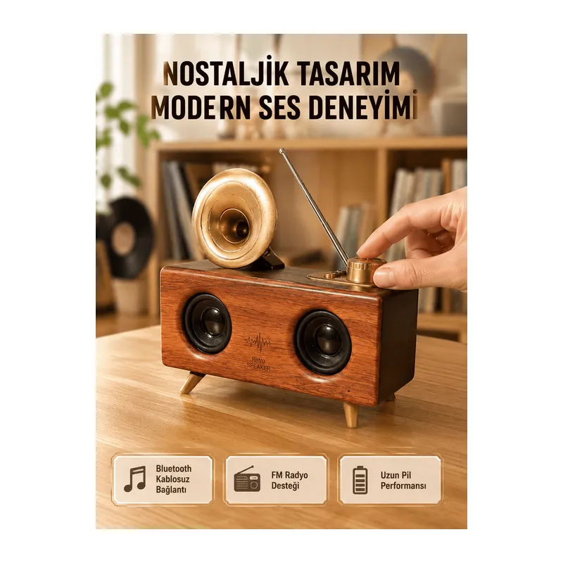 Nostaljik Gramofon Bluetooth Hoparlör – FM Radyo + USB + SD Kart Destekli