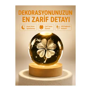 Dekoratif Yonca Görünümlü Işıklı Kristal Cam Küre USB Masa Gece Lambası