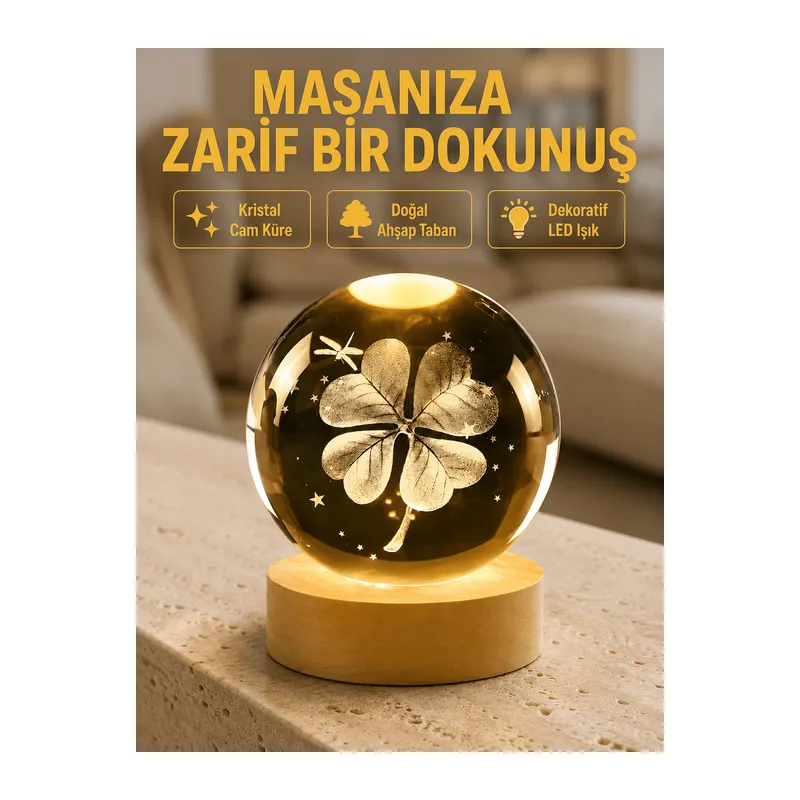 Bitki Temalı LED Işıklı Cam Küre Ahşap Standlı Modern Gece Lambası