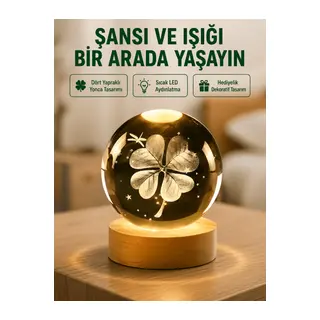 Yonca Figürlü Cam Küre USB Işıklı Ahşap Tabanlı Dekoratif Masa Lambası