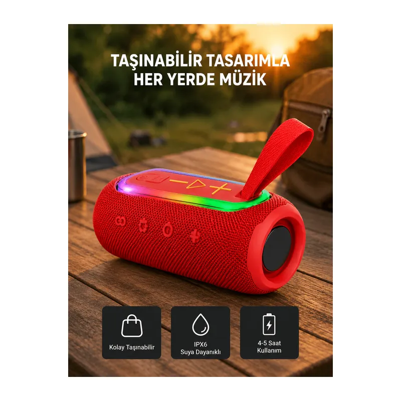 Taşınabilir Mini Bluetooth Hoparlör Güçlü Ses ve Şık Kırmızı Tasarım