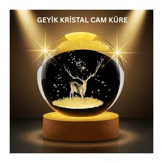 LED Işıklı Geyikli Kristal Küre Ahşap Standlı Modern Dekor Lamba