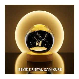 Doğal Ahşap Standlı Geyik Figürlü Kristal Küre LED Dekoratif Lamba