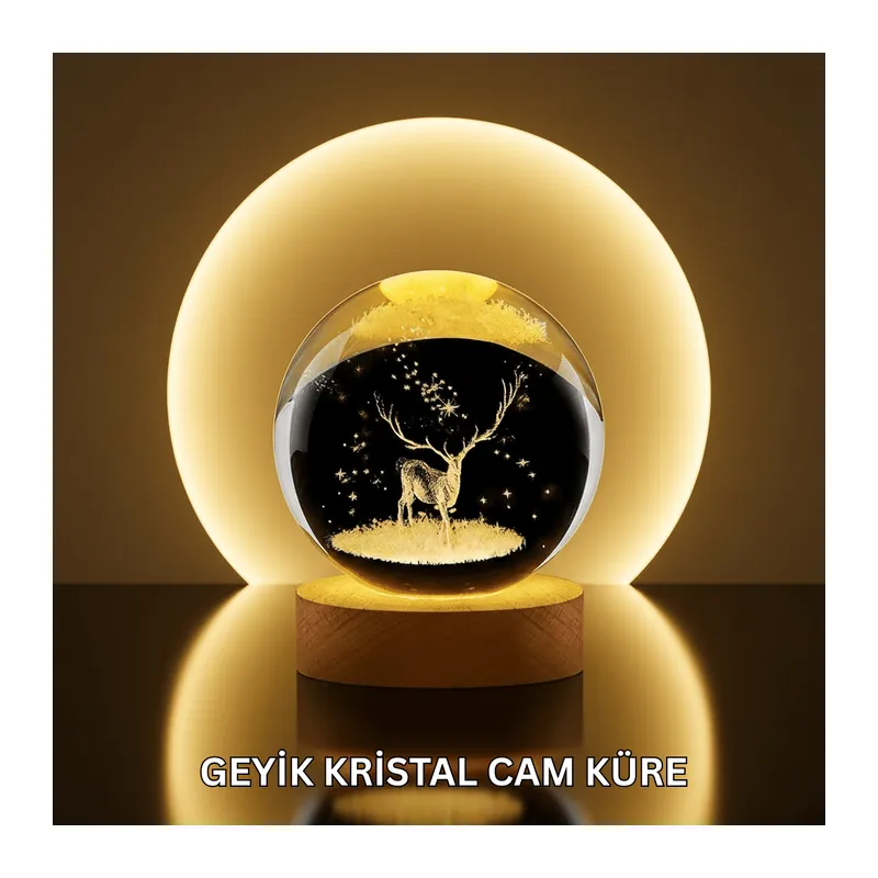 Doğal Ahşap Standlı Geyik Figürlü Kristal Küre LED Dekoratif Lamba