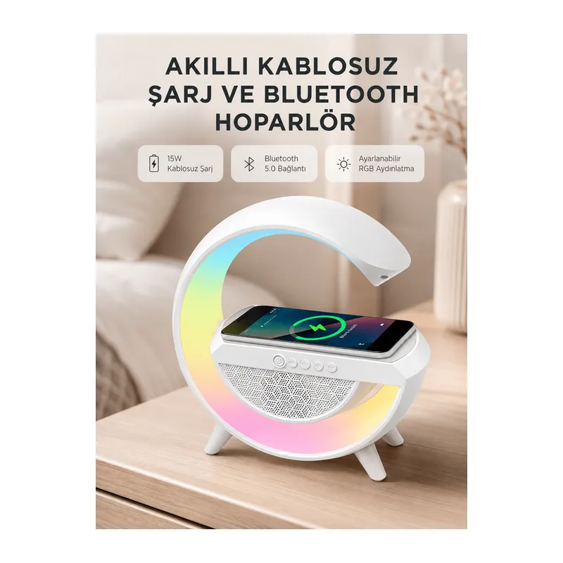 Kablosuz Şarjlı Bluetooth Hoparlör ve Gece Lambası – NFC, FM Radyo, RGB Işık