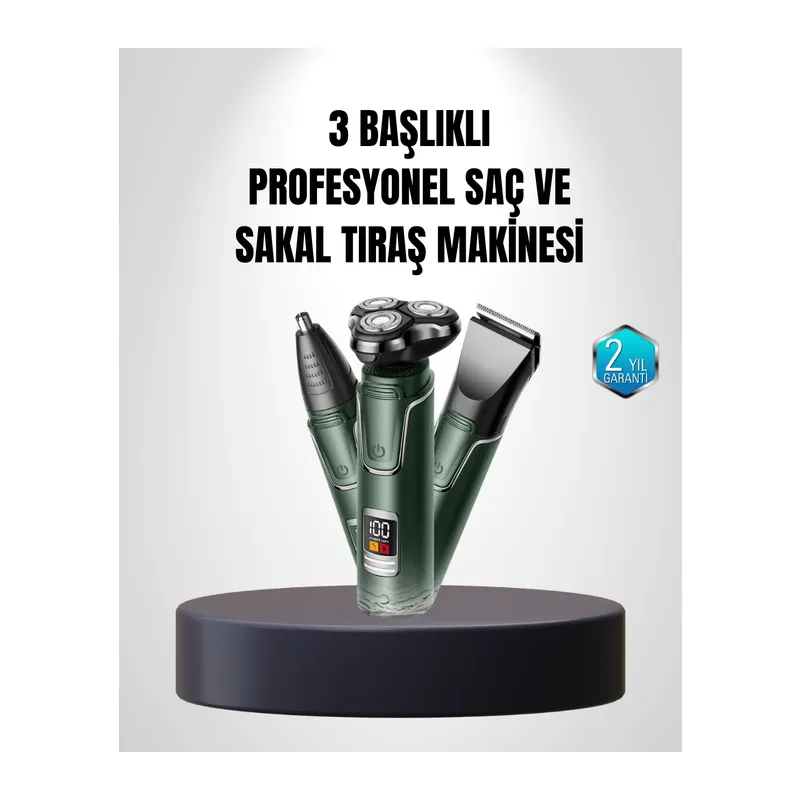 3D Akıllı Kesim Teknolojili Şarjlı Tıraş Seti – 3 Başlıklı, Paslanmaz Çelik Bıçaklı