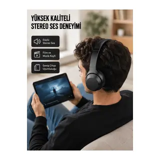 Bluetooth 5.0 Siyah Kablosuz Kulaklık 18 Saat Batarya Katlanabilir Tasarım Yeni Nesil