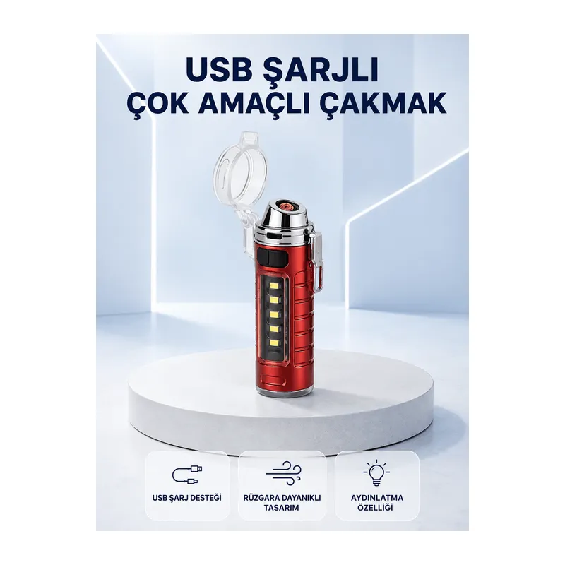 USB Şarjlı Rüzgar Geçirmez Elektrikli Çakmak El Fenerli