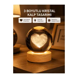 Romantik Kalpli Kristal Cam Küre USB’li Işıklı Dekoratif Obje
