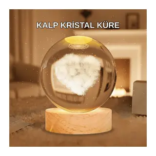 Ahşap Standlı Kalp Motifli Işıklı Cam Küre Hediye Seçeneği