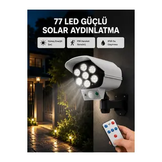 77 LED'li Güneş Enerjili Güvenlik Lambası ve Kukla Kamera – Hareket Sensörlü, 2400mAh Pilli