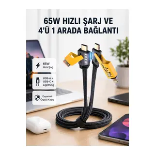 USB-C USB-A 4’ü 1 Arada Örgülü Kablo 65W Hızlı Şarj Metal Uç Dayanıklı