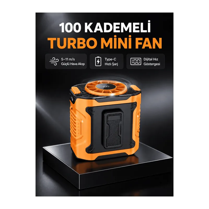 Dijital Ekranlı Turbo Mini Fan – 3 Kademeli Hız, Sessiz Çalışma ve Type-C Şarj