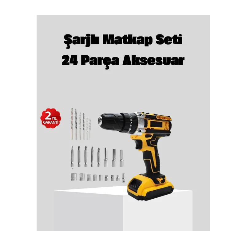 24 Parça Çift Bataryalı Akülü Darbeli Matkap – Güçlü Motor, Metal Dişli, LED Işıklı