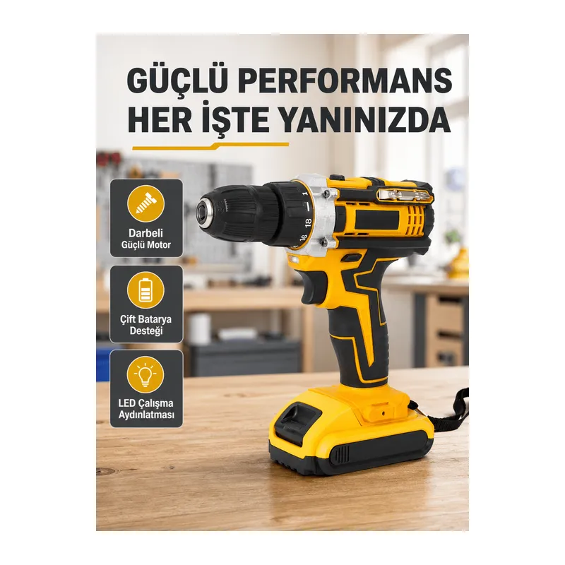 Çift Bataryalı Darbeli Şarjlı Matkap Seti – Metal Dişli, 24 Parça Aksesuar ve LED Işıklı