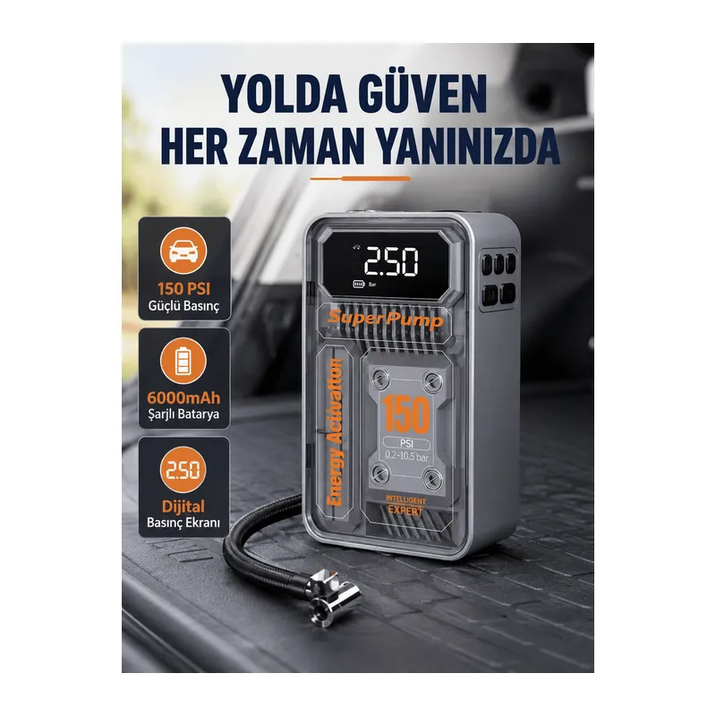 Şarjlı Kablosuz Hava Pompası – 150 PSI Basınç, LED Ekran ve 6000mAh Batarya