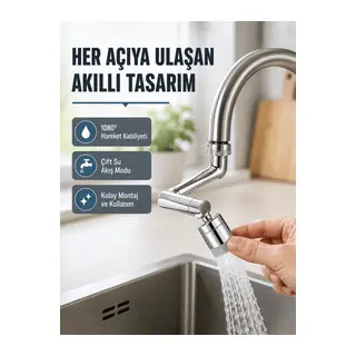 2 Modlu 1080° Dönebilen Musluk Başlığı Esnek 3 Eklemli Hareketli Tasarım