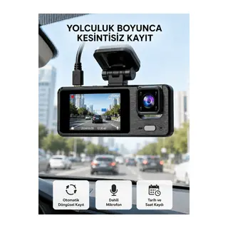 3 Kameralı Araç DVR 1080P Ön + HD Arka + İç Kamera Döngü Kayıt 2’’ Ekran