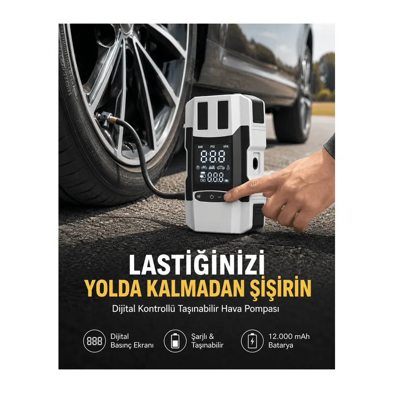 Araç Lastik Şişirme Pompası ve Akü Takviye Powerbank Bir Arada Yeni Nesil