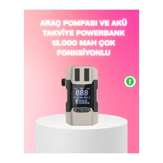 Araç Hava Pompası ve Akü Takviye Powerbank 12.000 mAh Çok Fonksiyonlu