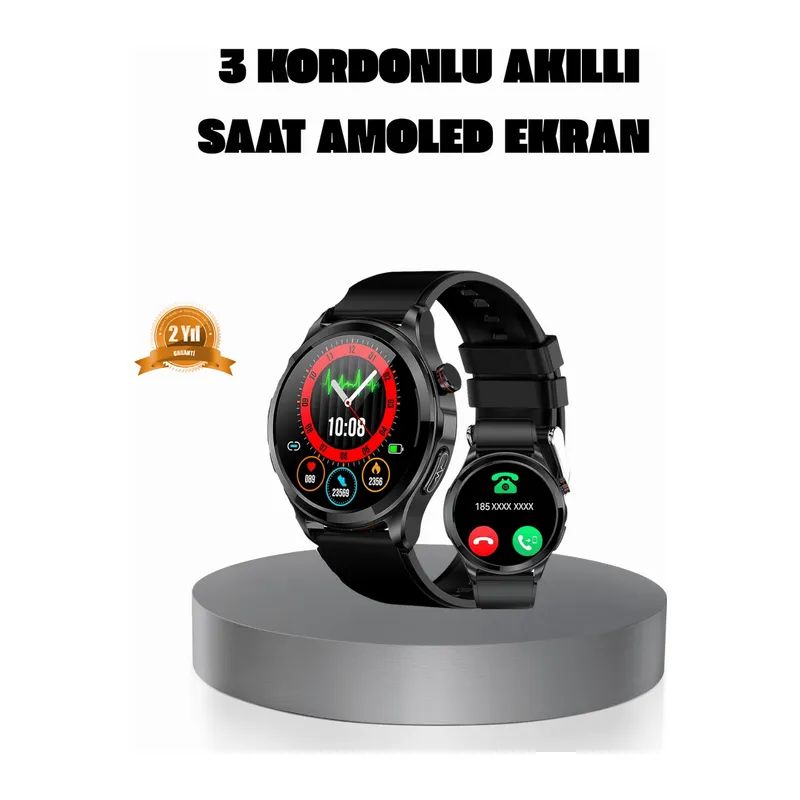 AMOLED Ekranlı Smartwatch – 3 Kordonlu, Kalp Atış & Uyku Takipli Akıllı Saat