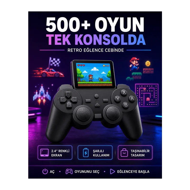 Çocuklar ve Yetişkinler İçin Uygun 500 Oyunlu Taşınabilir Mini Retro El Konsolu
