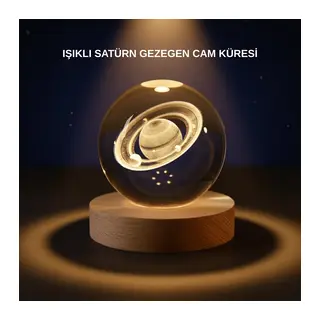 Satürn Desenli Kristal Küre LED Gece Lambası Ahşap Standlı