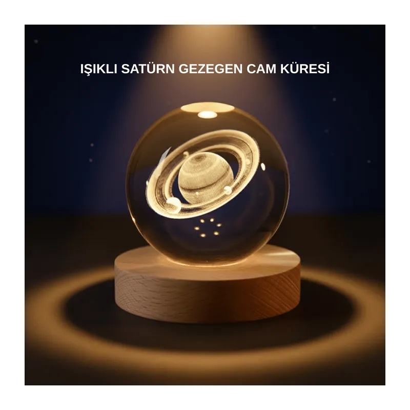 Satürn Desenli Kristal Küre LED Gece Lambası Ahşap Standlı