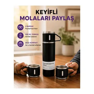 500 ml Isı Korumalı Çelik Termos ve Bardak Seti | Silikon Tabanlı, Şık ve Pratik