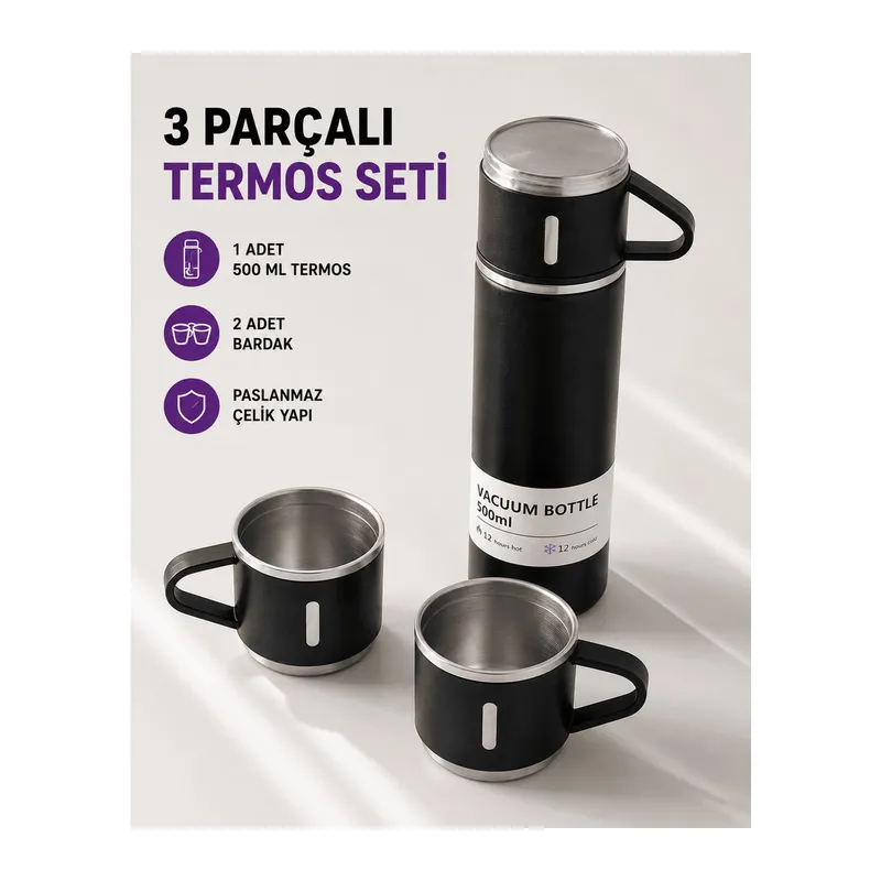 Çelik Termos Bardak Seti | 500 ml Kapasite, Kaymaz Taban, Hediye Kutulu