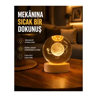 Kız Figürlü Sarı Cam Küre Işıklı Büyük Boy Ahşap Standlı Dekor