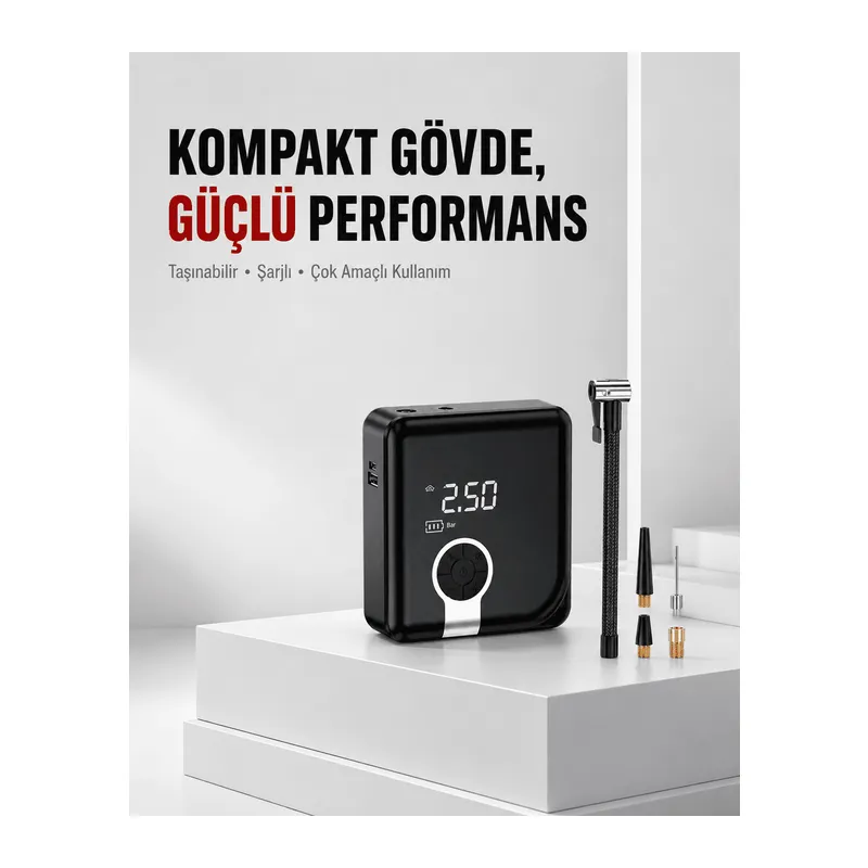 6000mAh Bataryalı Type-C Şarjlı Diyafram Tip Kompresör LED Işıklı