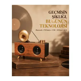 Çift Hoparlörlü Retro Bluetooth Speaker 1800mAh Bataryalı AUX USB SD Kartlı