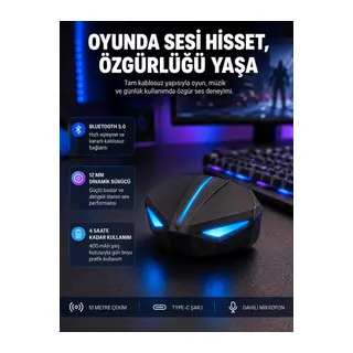 Tam Kablosuz Oyuncu Kulaklığı 5.0 Bluetooth LED Kontrollü Yeni Nesil
