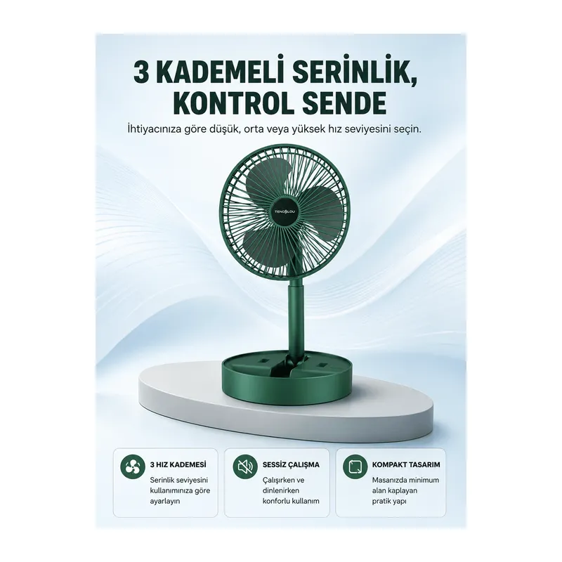 Taşınabilir Katlanabilir Mini Fan 3 Kademeli Şarj Edilebilir