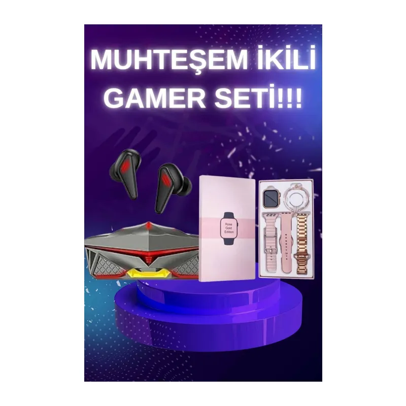 Yeni Nesil Pembe Dokunmatik Ekran Akıllı Saat ve Oyuncu Kulaklığı Kablosuz Bluetooth Kulaklık