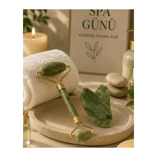 Jade Stone Yüz Bakım Seti Gua Sha ve Roller Masaj Taşı