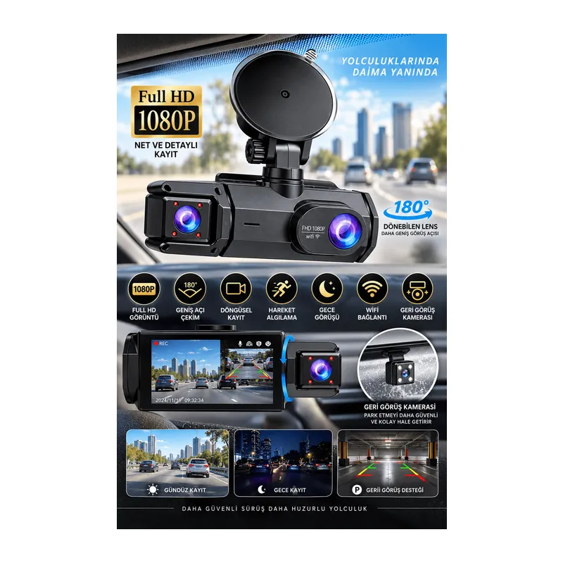 Full HD 1080P Çift Kamera 180° Geniş Açı WiFi Şarjlı Kullanım
