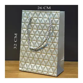 Gümüş Geometrik Desenli Büyük Boy Karton Hediye Çantası