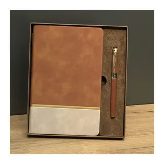 Taba Rengi Gold Detaylı Termo Deri Defter Ve Metal Roller Kalem Hediye Seti