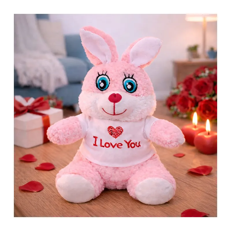 I Love You Tişörtlü Sevimli Pembe Peluş Tavşan